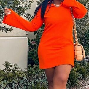 Zara Bold Orange Collared dress, size small, semi bell sleeve. New!